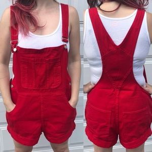 Vtg Wave Brand Red Cotton Denim Short Overalls